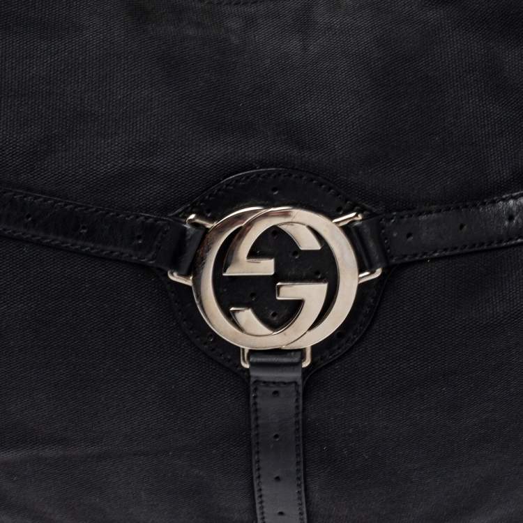 Pre Owned Gucci Black Canvas and Perforated Leather Reins Hobo