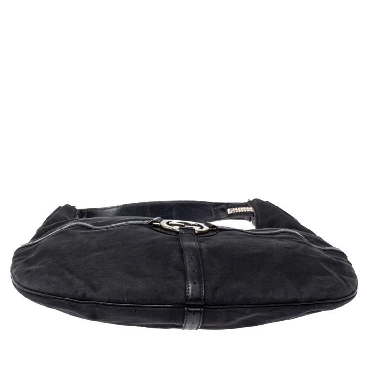 Pre Owned Gucci Black Canvas and Perforated Leather Reins Hobo