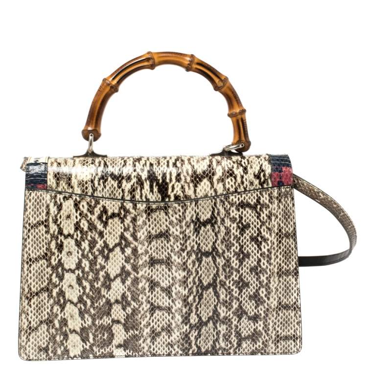 Pre Owned Gucci Beige Snakeskin Medium Lilith Bamboo Top Handle Bag
