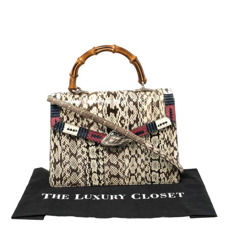 Pre Owned Gucci Beige Snakeskin Medium Lilith Bamboo Top Handle Bag