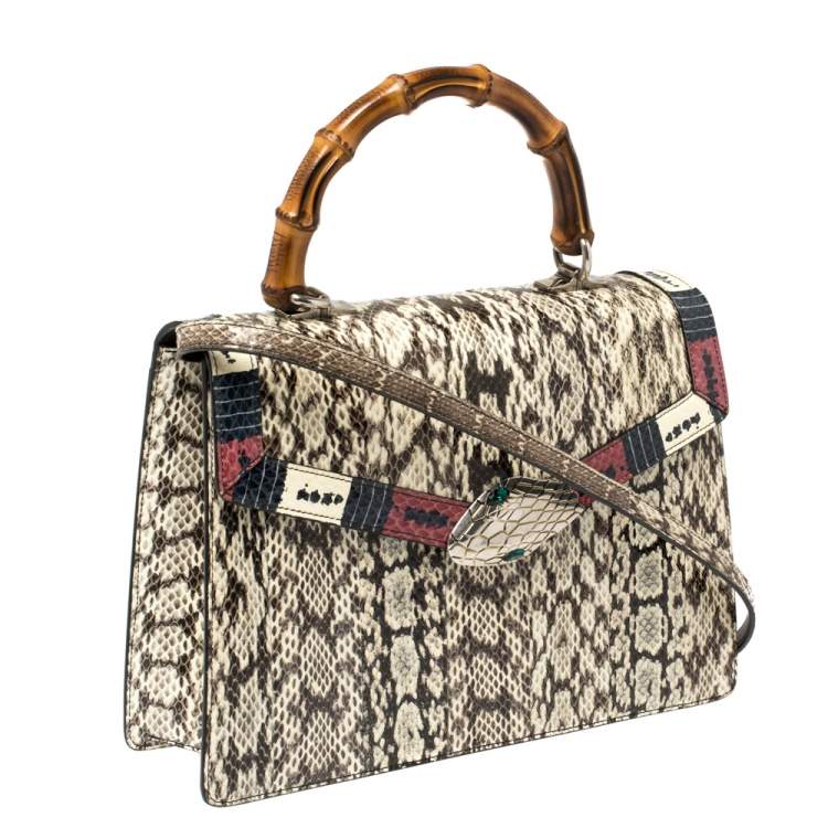 Pre Owned Gucci Beige Snakeskin Medium Lilith Bamboo Top Handle Bag