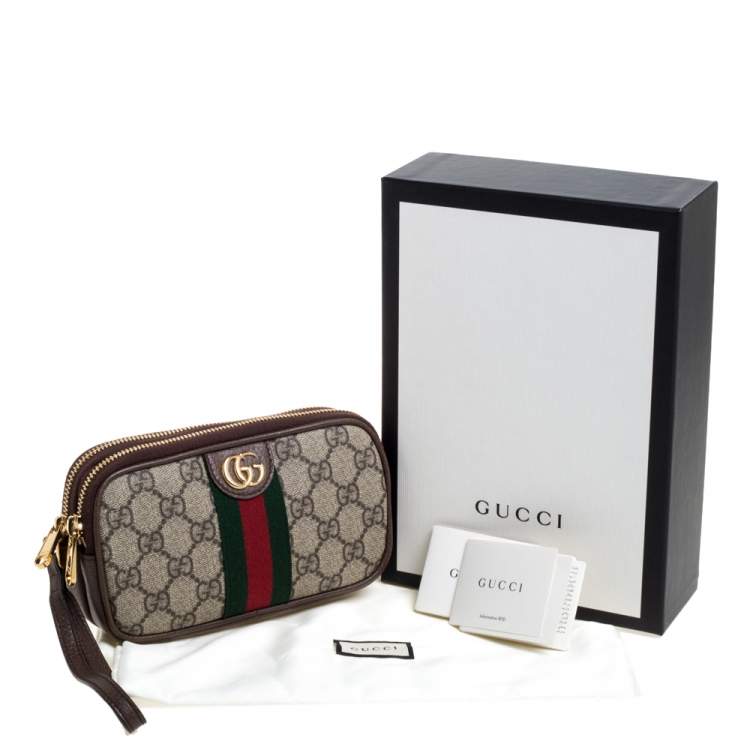 Pre Owned Gucci Beige/Ebony GG Supreme Canvas and Leather Ophidia Wristlet Pouch