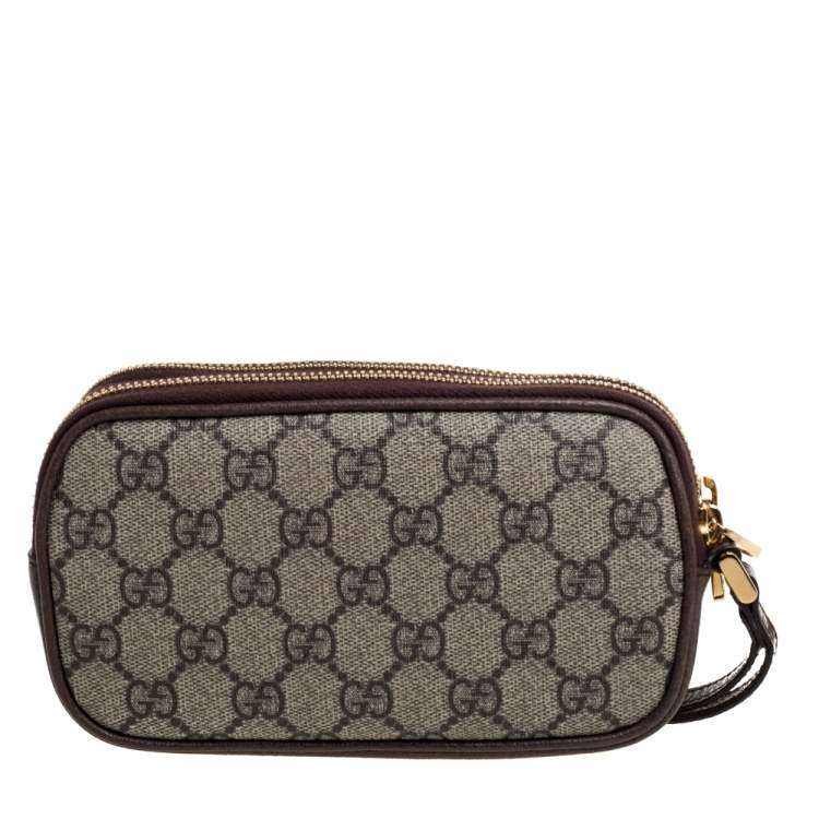 Pre Owned Gucci Beige/Ebony GG Supreme Canvas and Leather Ophidia Wristlet Pouch