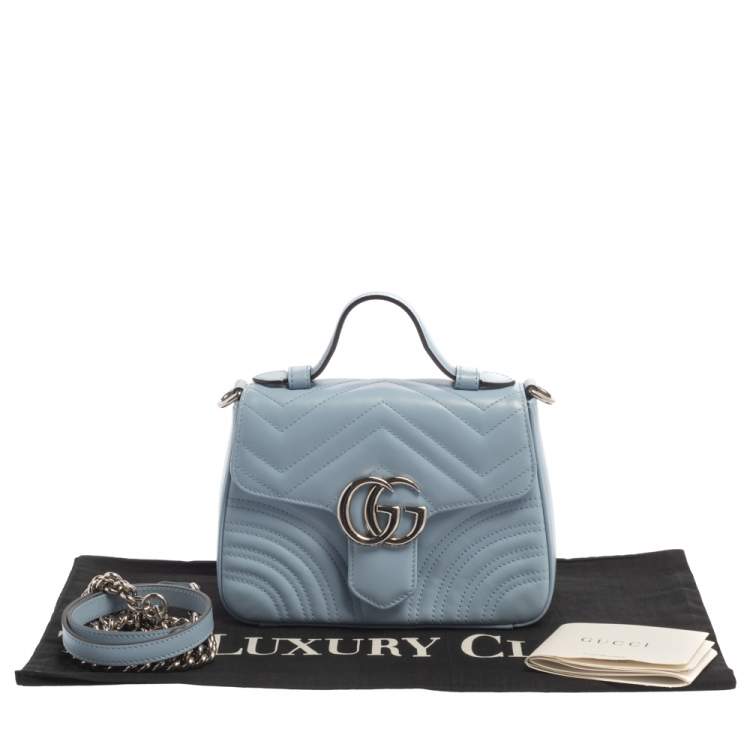 Pre Owned Gucci Blue Matelasse Leather Mini GG Marmont Top Handle Bag