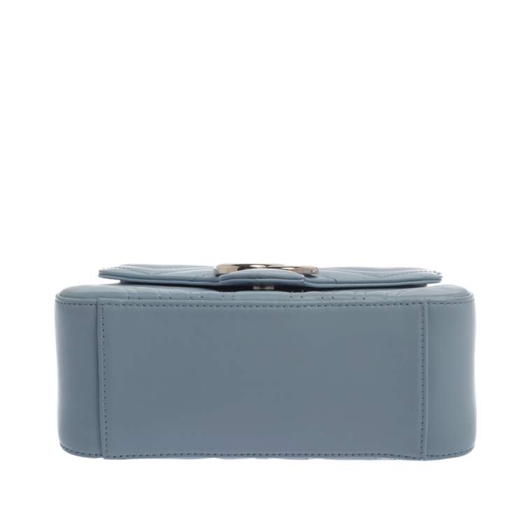 Pre Owned Gucci Blue Matelasse Leather Mini GG Marmont Top Handle Bag