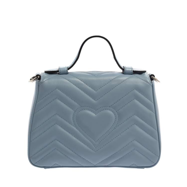 Pre Owned Gucci Blue Matelasse Leather Mini GG Marmont Top Handle Bag