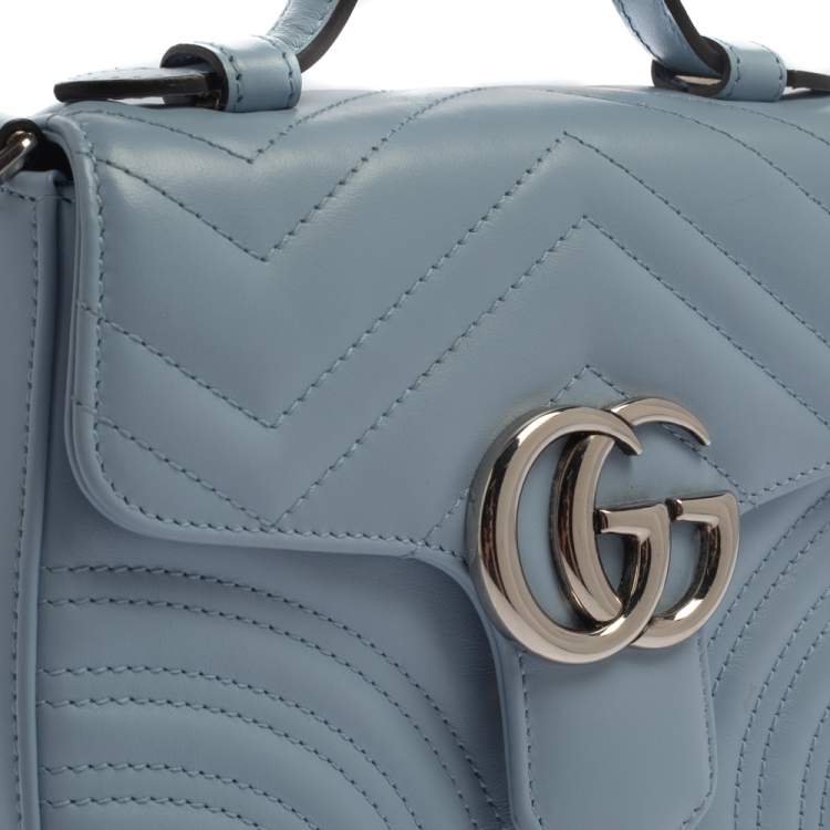 Pre Owned Gucci Blue Matelasse Leather Mini GG Marmont Top Handle Bag