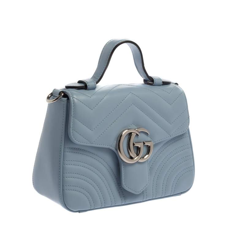 Pre Owned Gucci Blue Matelasse Leather Mini GG Marmont Top Handle Bag