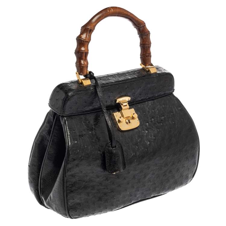 Pre Owned Gucci Black Ostrich Lady Lock Bamboo Top Handle Bag