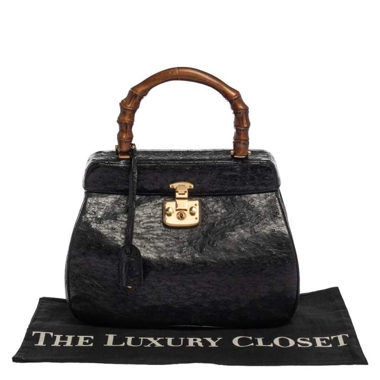 Pre Owned Gucci Black Ostrich Lady Lock Bamboo Top Handle Bag