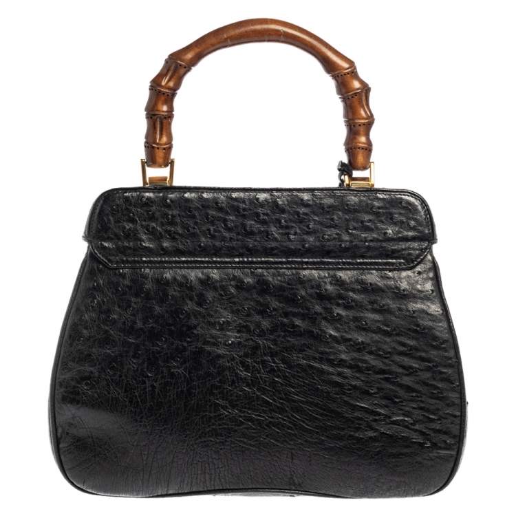 Pre Owned Gucci Black Ostrich Lady Lock Bamboo Top Handle Bag