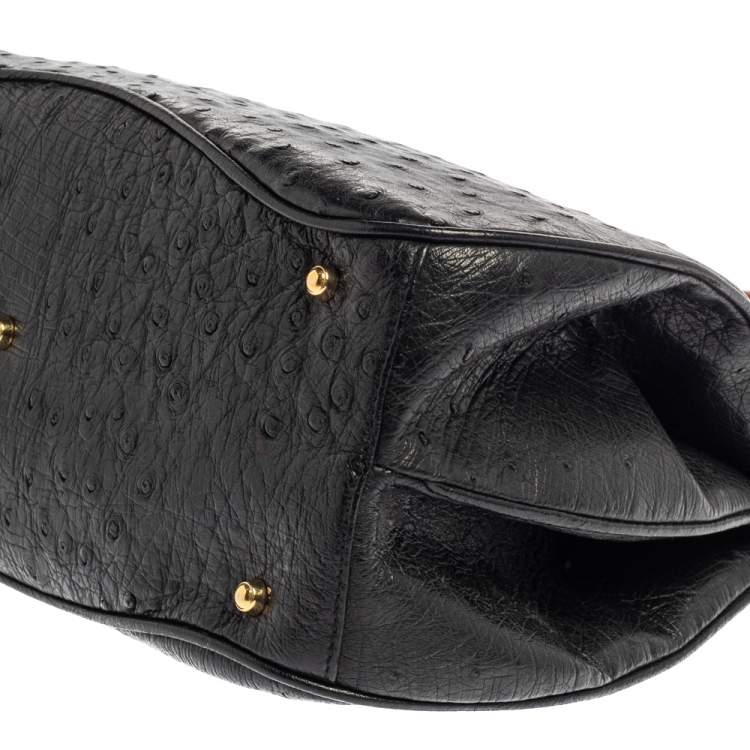 Pre Owned Gucci Black Ostrich Lady Lock Bamboo Top Handle Bag