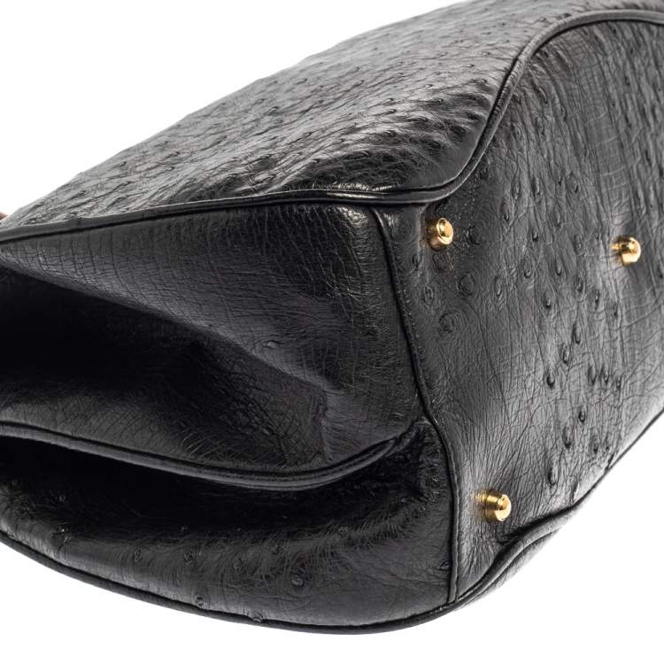 Pre Owned Gucci Black Ostrich Lady Lock Bamboo Top Handle Bag
