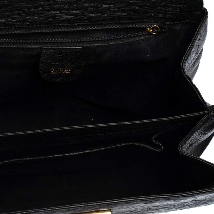 Pre Owned Gucci Black Ostrich Lady Lock Bamboo Top Handle Bag