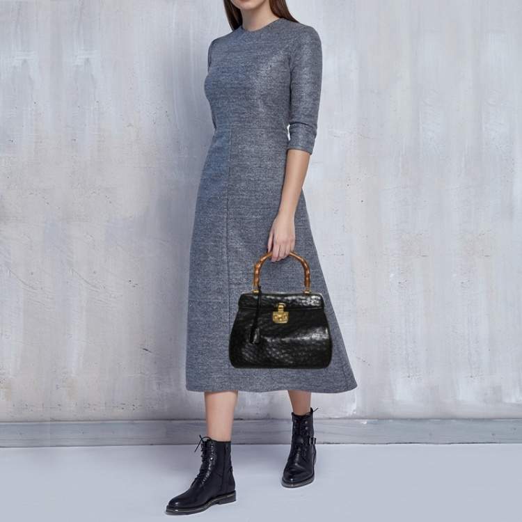 Pre Owned Gucci Black Ostrich Lady Lock Bamboo Top Handle Bag