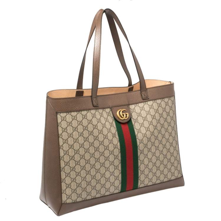 Pre Owned Gucci Ebony/Beige GG Supreme Canvas and Leather Medium Ophidia Soft Tote