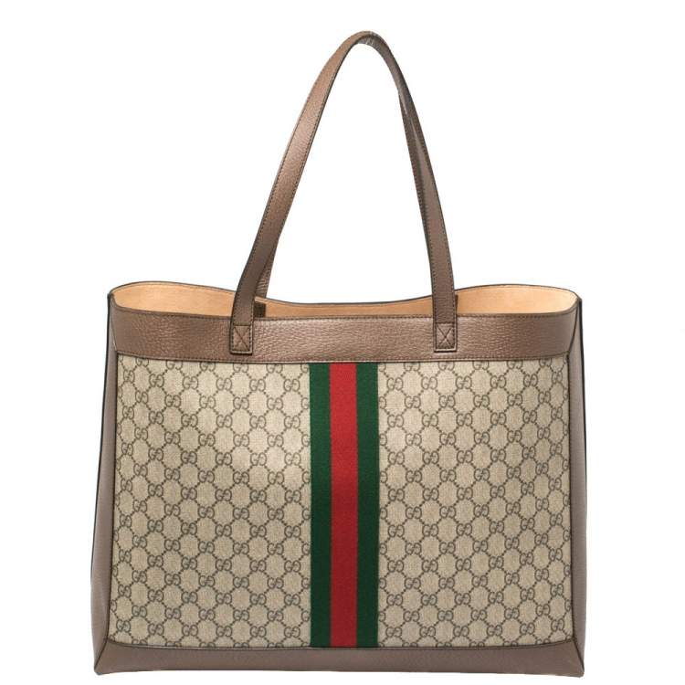 Pre Owned Gucci Ebony/Beige GG Supreme Canvas and Leather Medium Ophidia Soft Tote