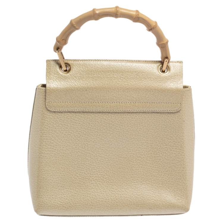 Pre Owned Gucci Ivory Leather Vintage Bamboo Top Handle Bag