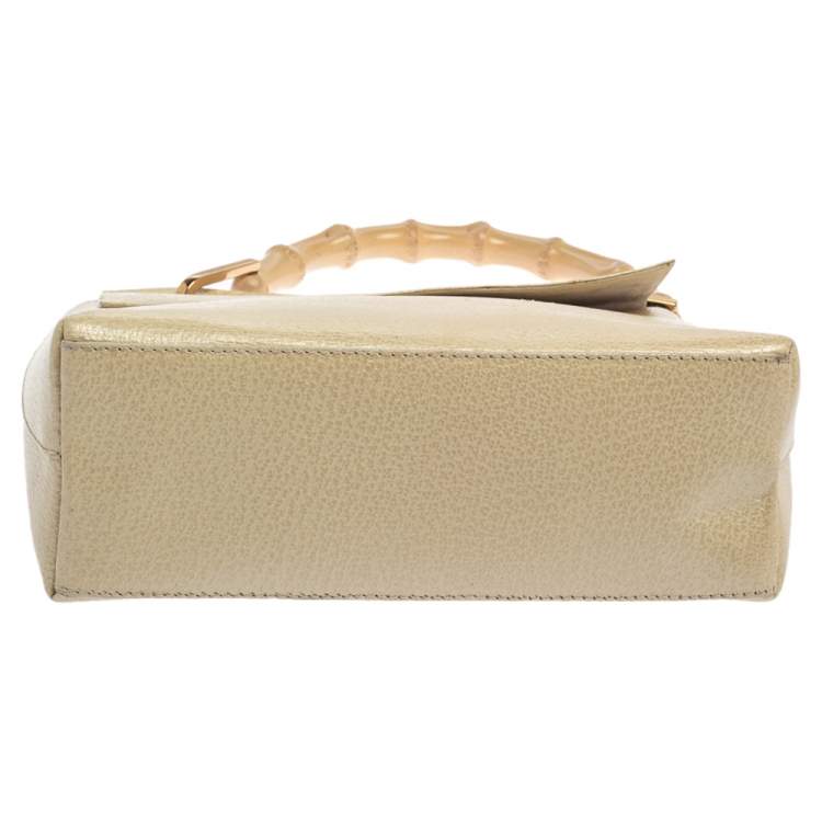 Pre Owned Gucci Ivory Leather Vintage Bamboo Top Handle Bag