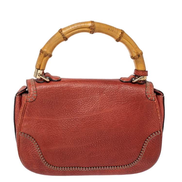 Pre Owned   Gucci Dark Orange Grain Leather Medium New Bamboo Top Handle Bag
