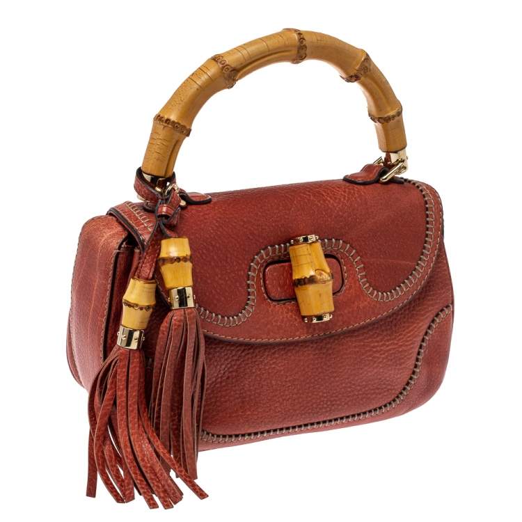 Pre Owned   Gucci Dark Orange Grain Leather Medium New Bamboo Top Handle Bag