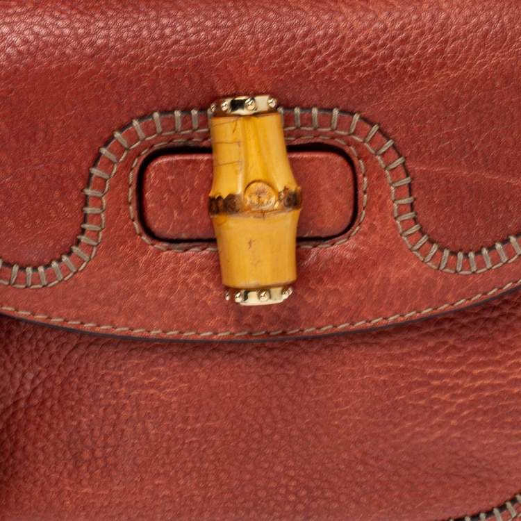 Pre Owned   Gucci Dark Orange Grain Leather Medium New Bamboo Top Handle Bag
