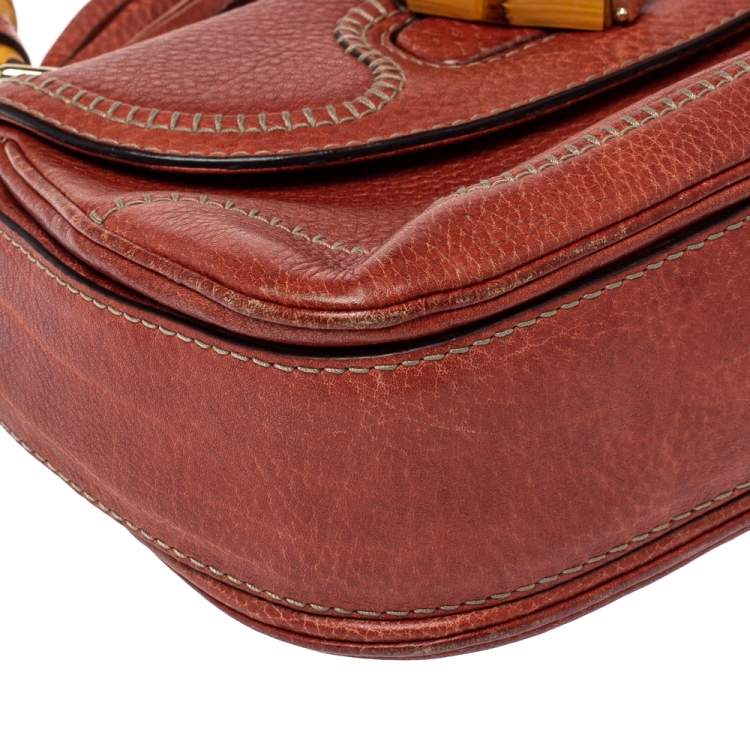Pre Owned   Gucci Dark Orange Grain Leather Medium New Bamboo Top Handle Bag