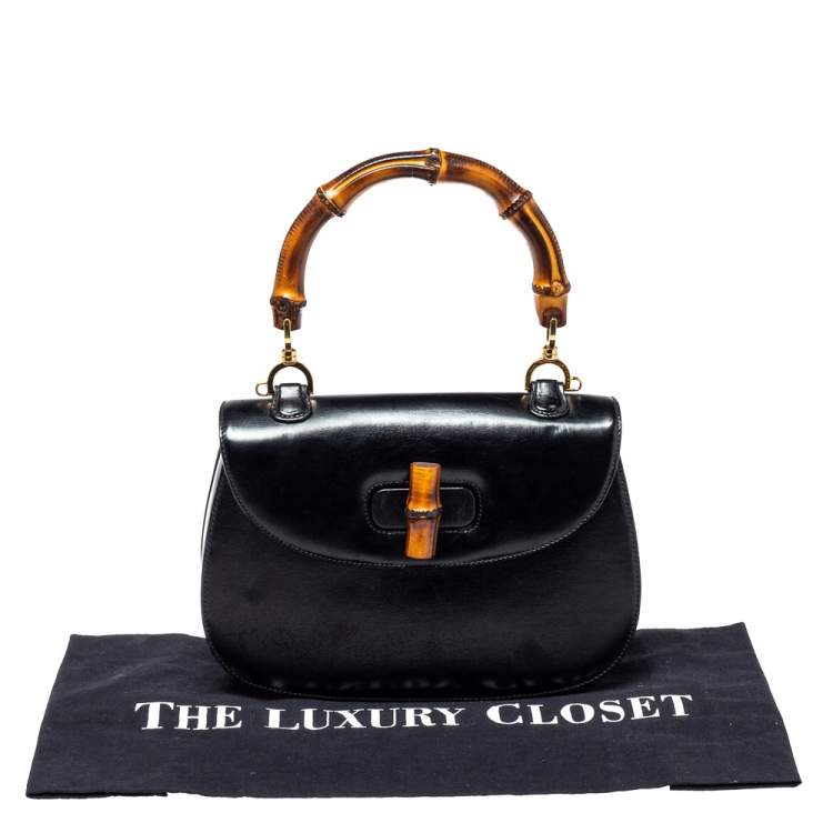 Pre Owned Gucci Black Leather Small Bamboo Top Handle Bag
