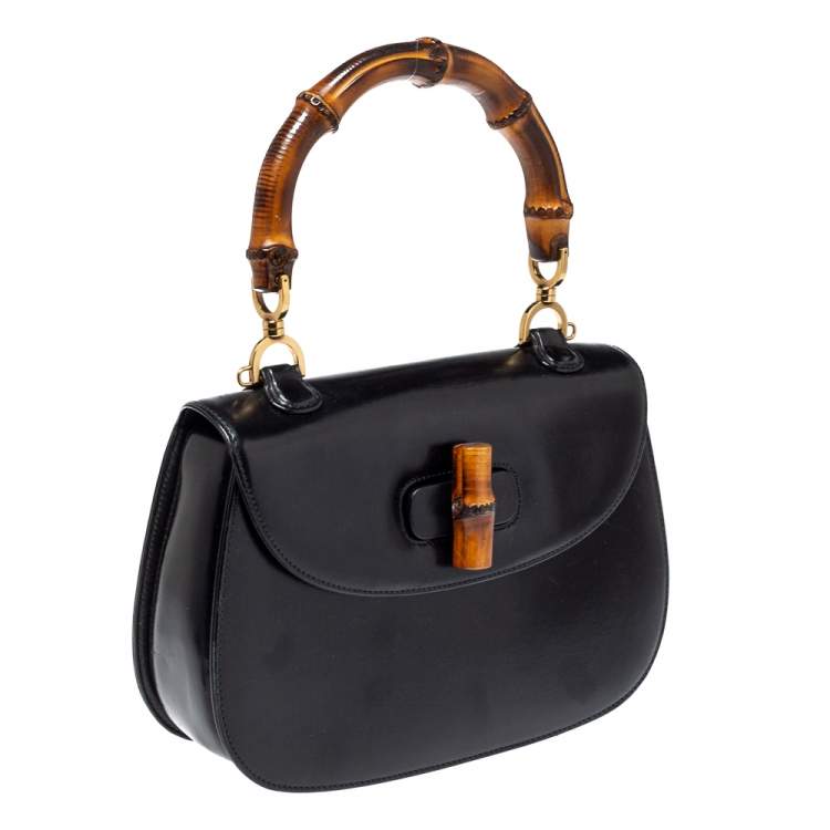 Pre Owned Gucci Black Leather Small Bamboo Top Handle Bag