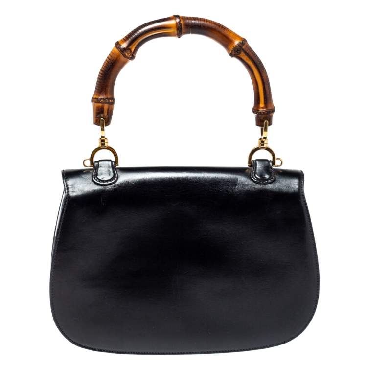 Pre Owned Gucci Black Leather Small Bamboo Top Handle Bag