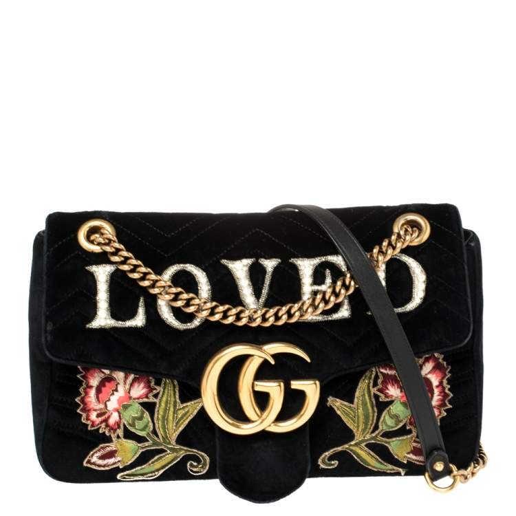 Gucci Black Velvet Small Embroidered GG Marmont Shoulder Bag Gucci ...