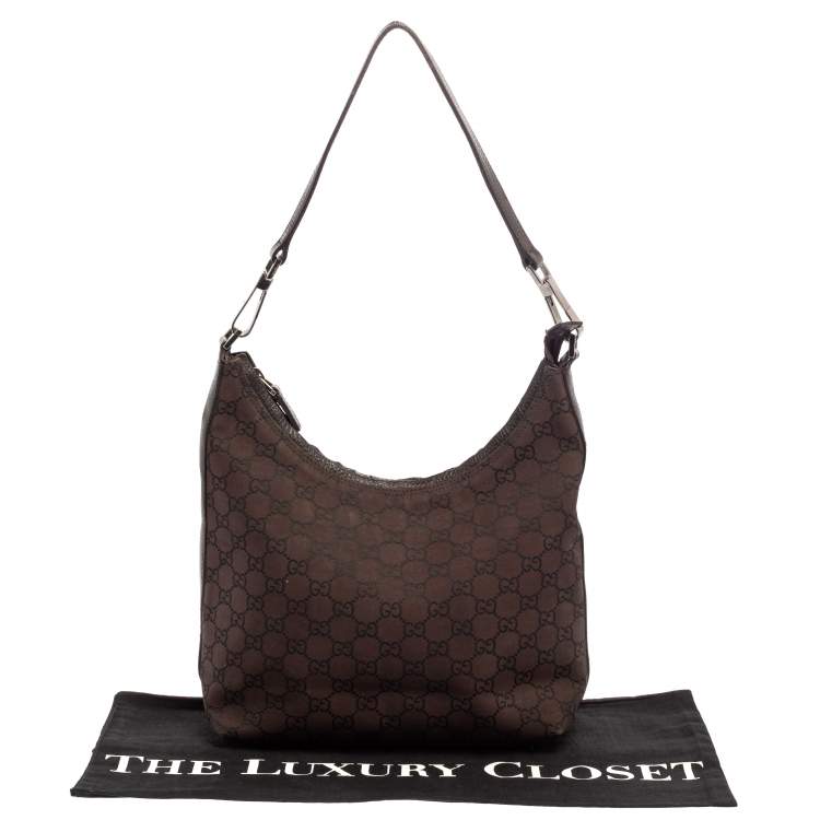 Pre Owned Gucci Brown GG Canvas And Leather Top Zip Hobo