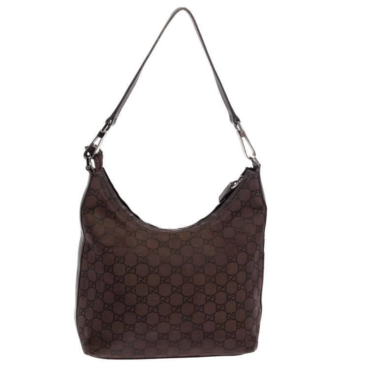 Pre Owned Gucci Brown GG Canvas And Leather Top Zip Hobo