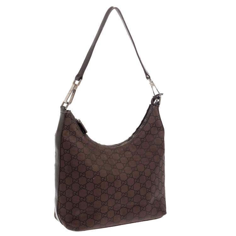 Pre Owned Gucci Brown GG Canvas And Leather Top Zip Hobo