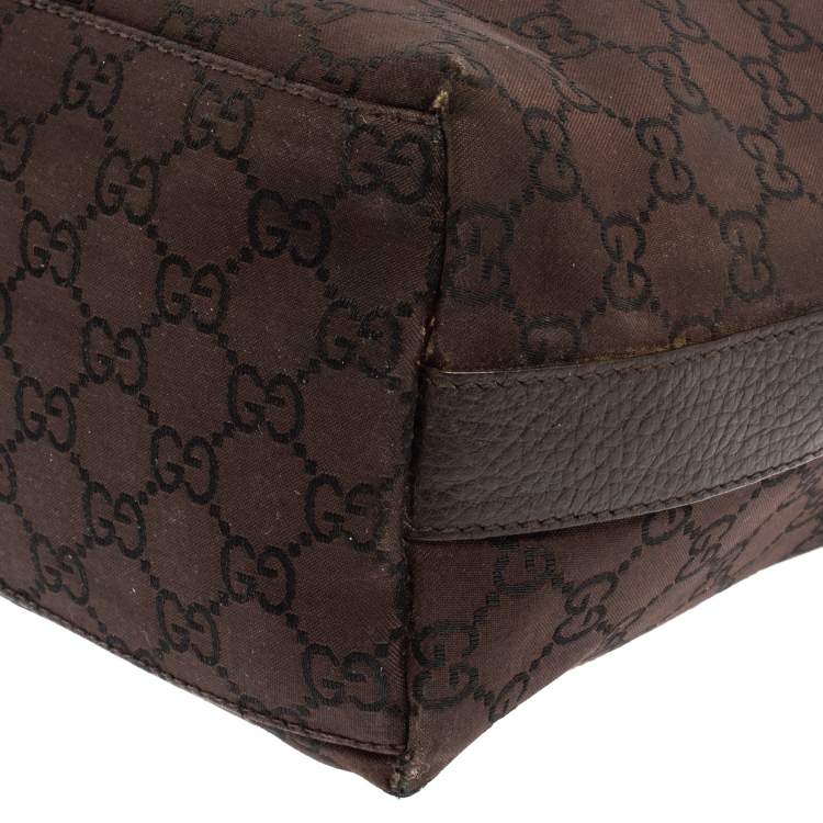 Pre Owned Gucci Brown GG Canvas And Leather Top Zip Hobo