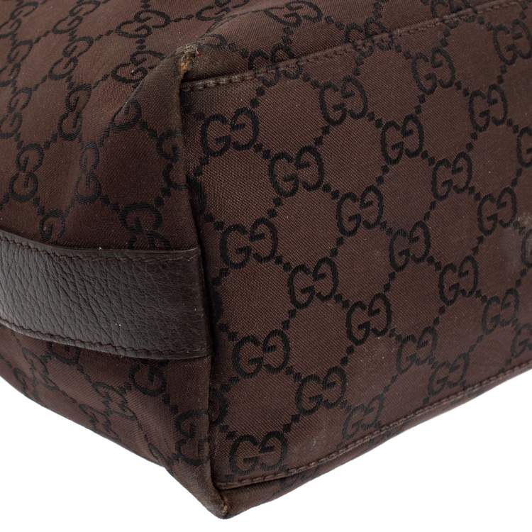 Pre Owned Gucci Brown GG Canvas And Leather Top Zip Hobo