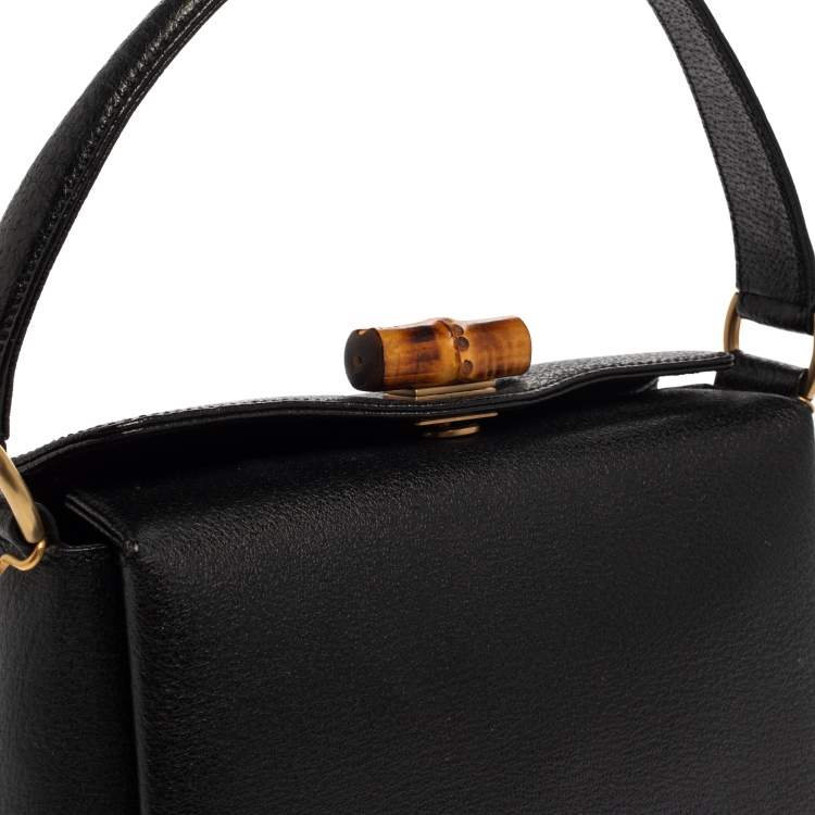 Pre Owned Gucci Black Leather Bamboo Turn Lock Top Handle Bag