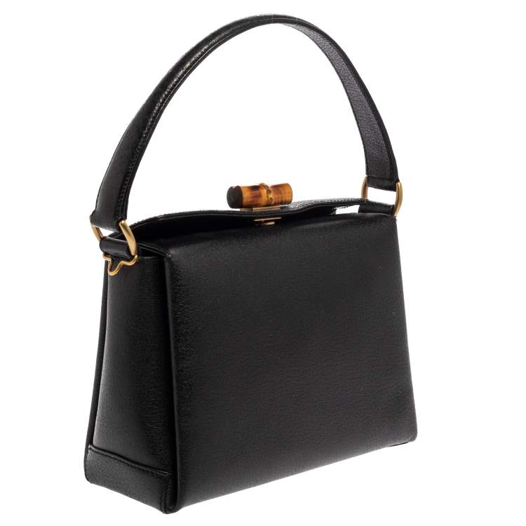 Pre Owned Gucci Black Leather Bamboo Turn Lock Top Handle Bag