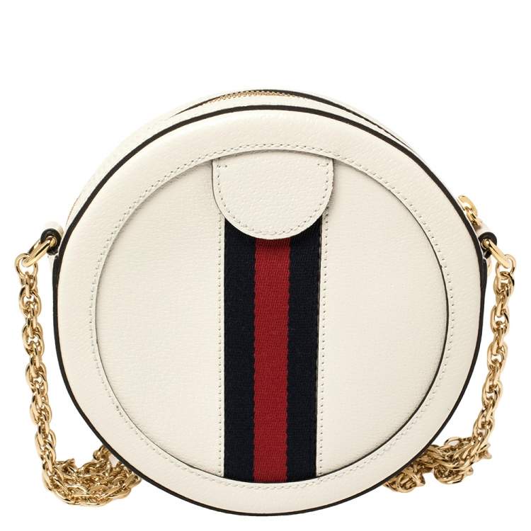 Pre Owned Gucci White Leather Mini Ophidia Round Shoulder Bag   