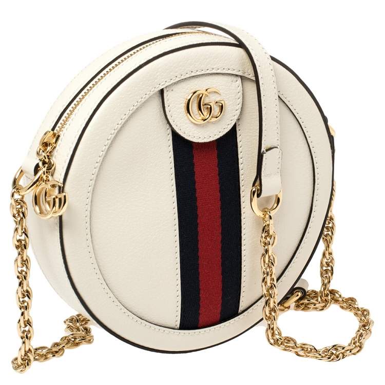 Pre Owned Gucci White Leather Mini Ophidia Round Shoulder Bag   