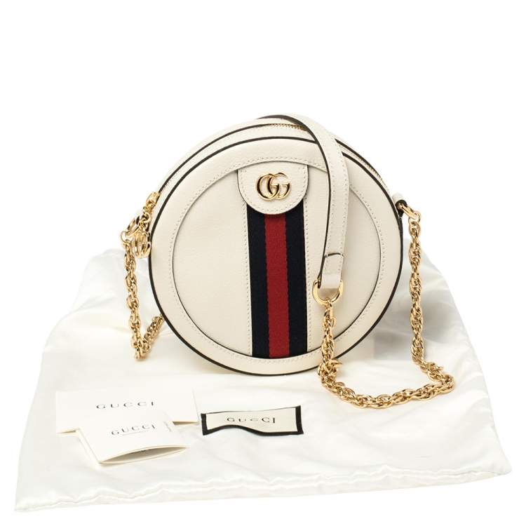 Pre Owned Gucci White Leather Mini Ophidia Round Shoulder Bag   