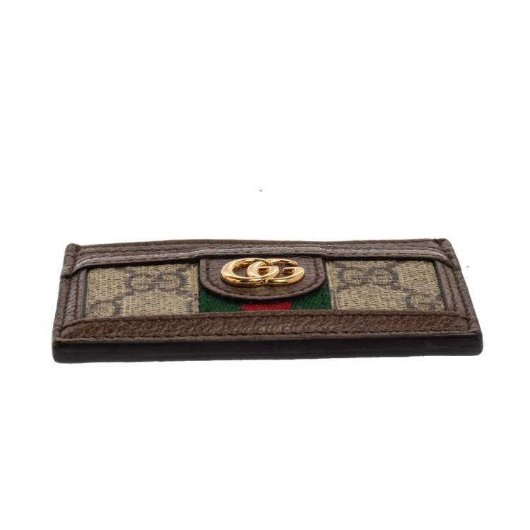Pre Owned Gucci Beige/Ebony GG Supreme Canvas and Leather Ophidia GG Card Case