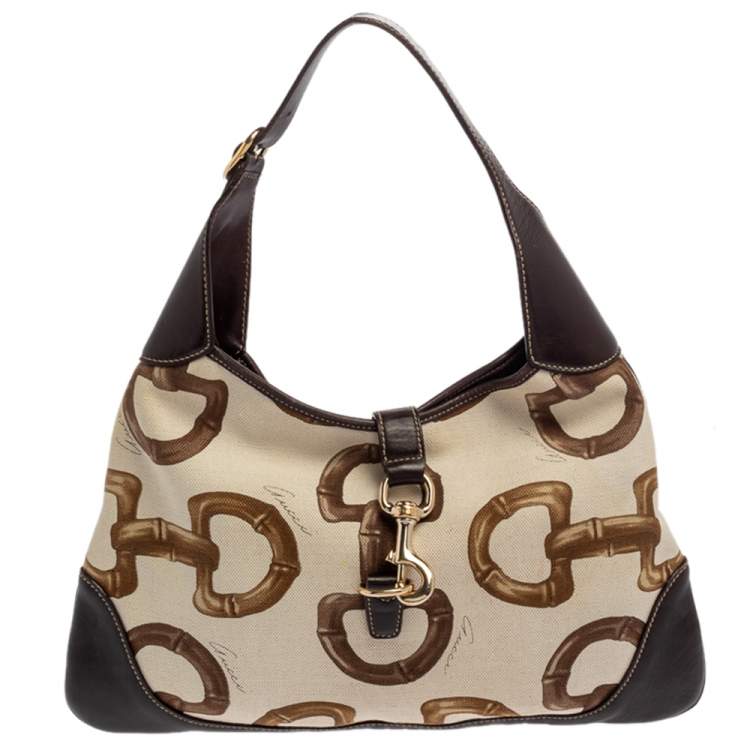 Gucci Brown Cream Horsebit Print Canvas and Leather Jackie O Hobo Gucci The Luxury Closet