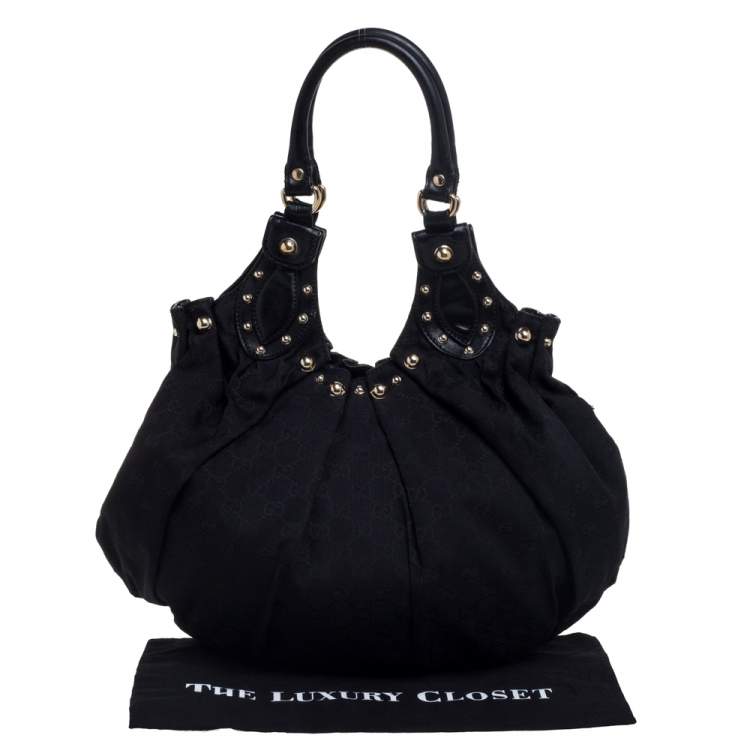 Pre Owned Gucci Black GG Canvas and Leather Pelham Studded Hobo