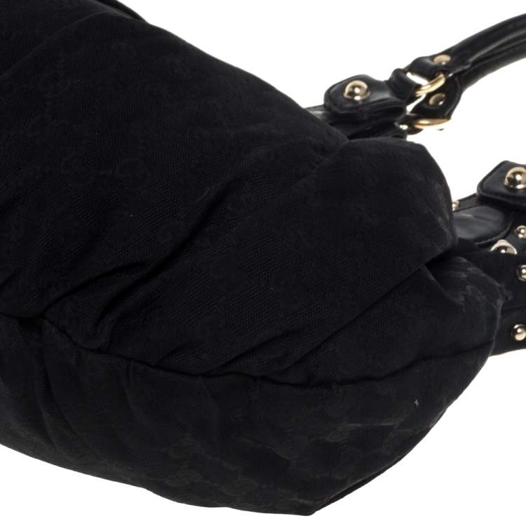 Pre Owned Gucci Black GG Canvas and Leather Pelham Studded Hobo