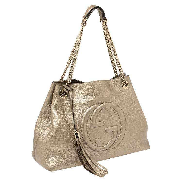 Pre Owned Gucci Light Gold Grain Leather Medium Soho Chain Tote