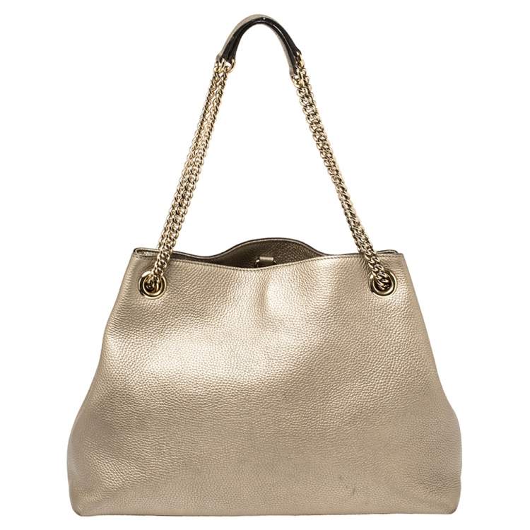 Pre Owned Gucci Light Gold Grain Leather Medium Soho Chain Tote