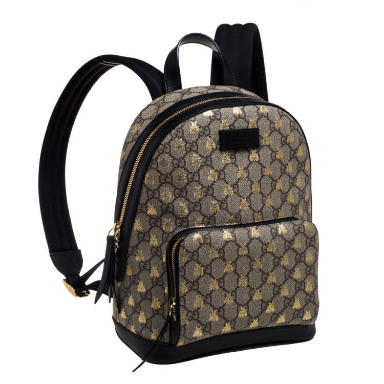 Pre Owned Gucci Beige/Black GG Supreme Canvas and Leather Bees Backpack