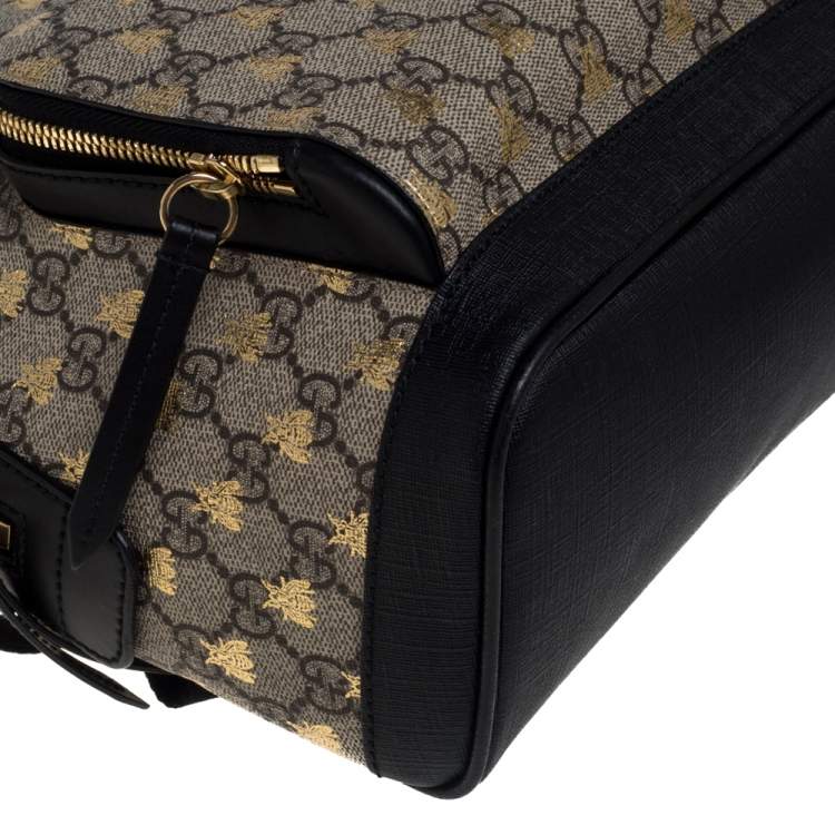 Pre Owned Gucci Beige/Black GG Supreme Canvas and Leather Bees Backpack