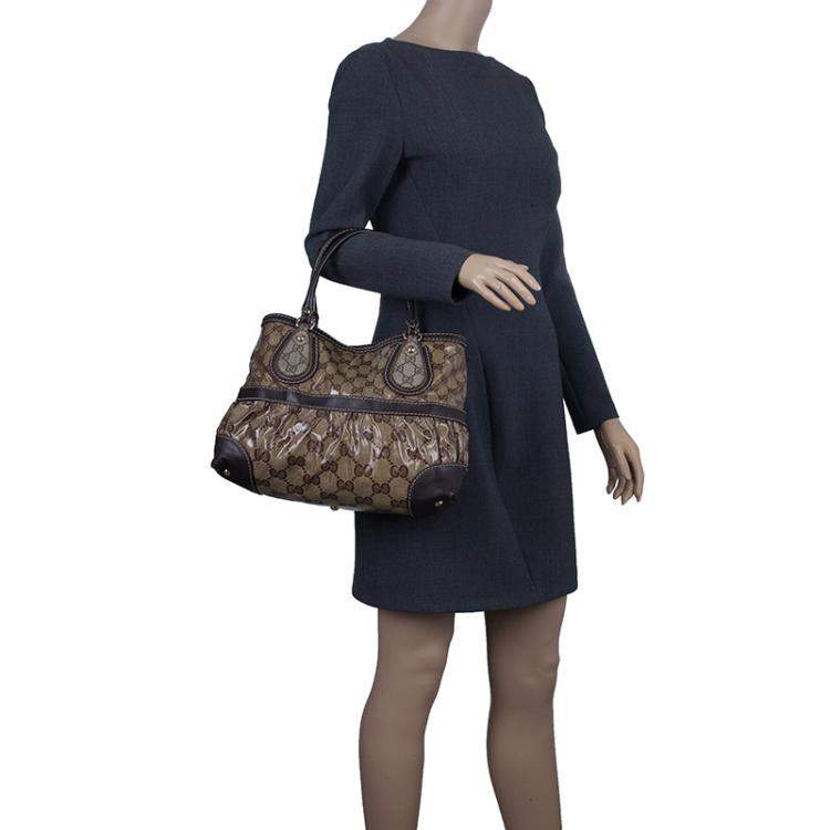 Pre Owned Gucci Brown Coated Canvas Monogram Crytal Mix Tote 